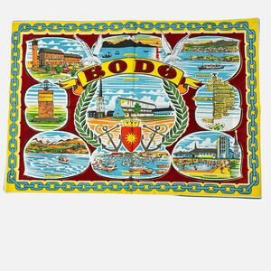 Table Mat Norway Fabric Bodo Landmarks Red Yellow 16x11 Colorful Souvenir Vtg